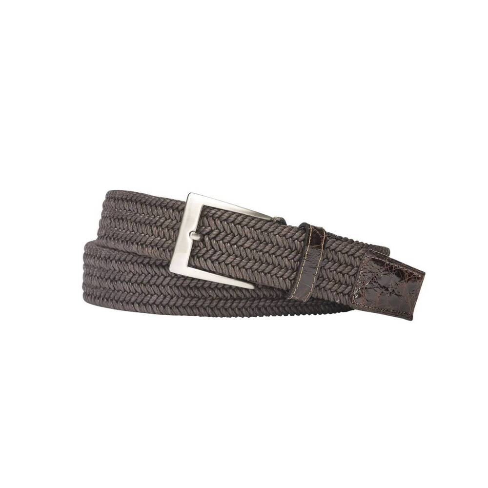 NEW W. KLEINBERG men's woven stretch belt with crocodile tabs in chocolate
